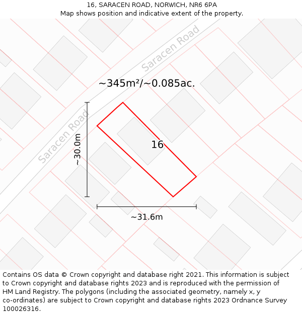 16, SARACEN ROAD, NORWICH, NR6 6PA: Plot and title map