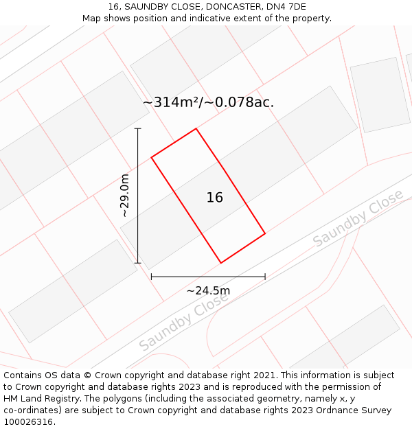 16, SAUNDBY CLOSE, DONCASTER, DN4 7DE: Plot and title map