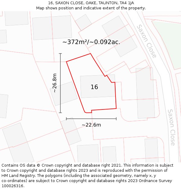 16, SAXON CLOSE, OAKE, TAUNTON, TA4 1JA: Plot and title map