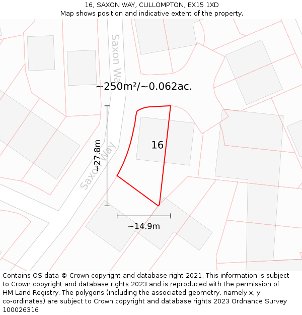 16, SAXON WAY, CULLOMPTON, EX15 1XD: Plot and title map