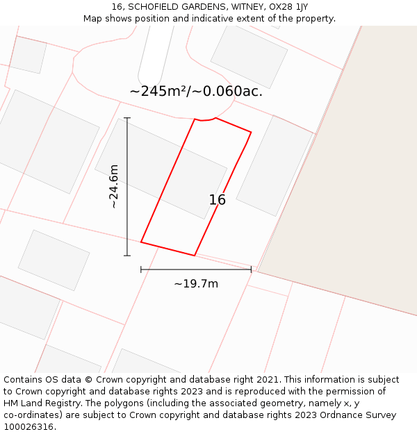 16, SCHOFIELD GARDENS, WITNEY, OX28 1JY: Plot and title map