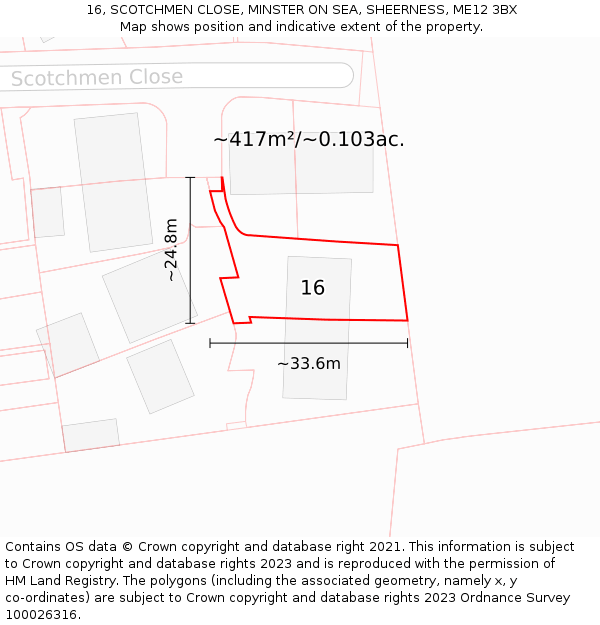 16, SCOTCHMEN CLOSE, MINSTER ON SEA, SHEERNESS, ME12 3BX: Plot and title map