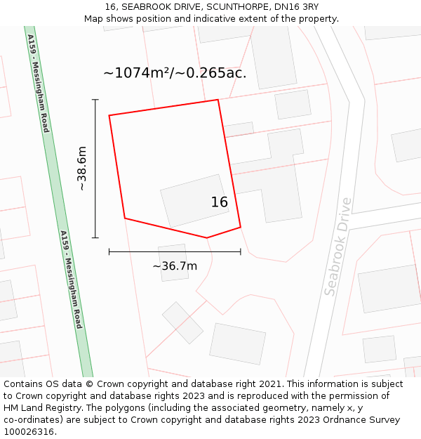 16, SEABROOK DRIVE, SCUNTHORPE, DN16 3RY: Plot and title map