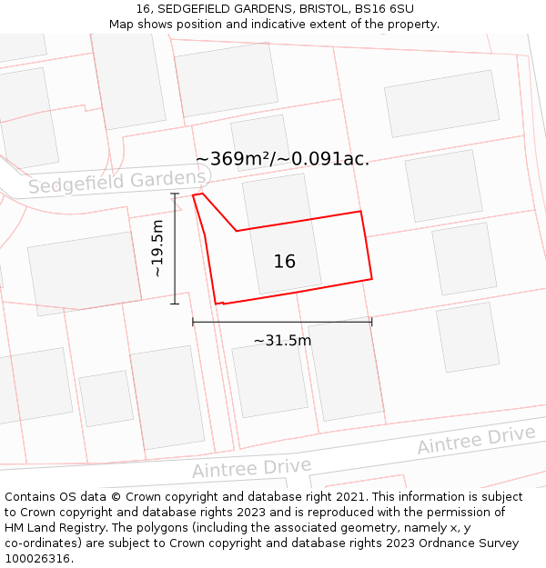 16, SEDGEFIELD GARDENS, BRISTOL, BS16 6SU: Plot and title map
