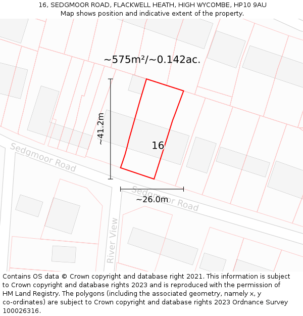 16, SEDGMOOR ROAD, FLACKWELL HEATH, HIGH WYCOMBE, HP10 9AU: Plot and title map