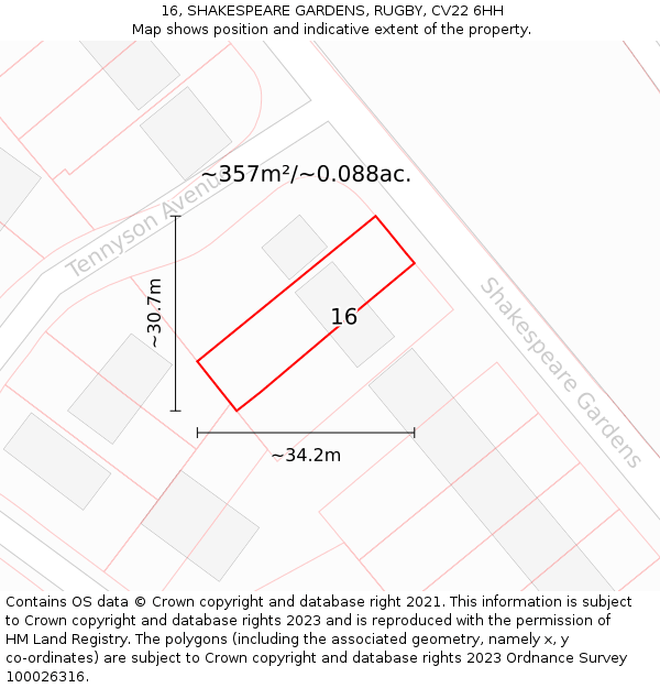 16, SHAKESPEARE GARDENS, RUGBY, CV22 6HH: Plot and title map