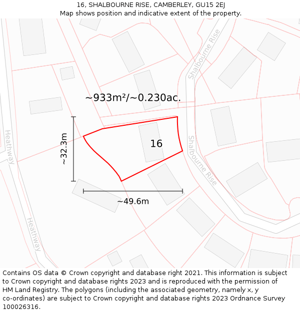 16, SHALBOURNE RISE, CAMBERLEY, GU15 2EJ: Plot and title map