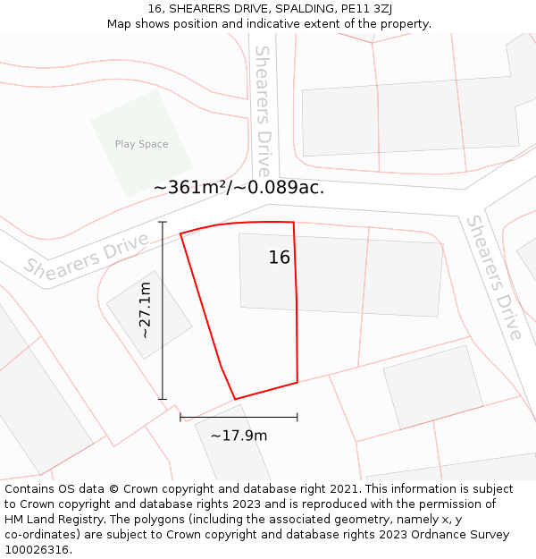 16, SHEARERS DRIVE, SPALDING, PE11 3ZJ: Plot and title map