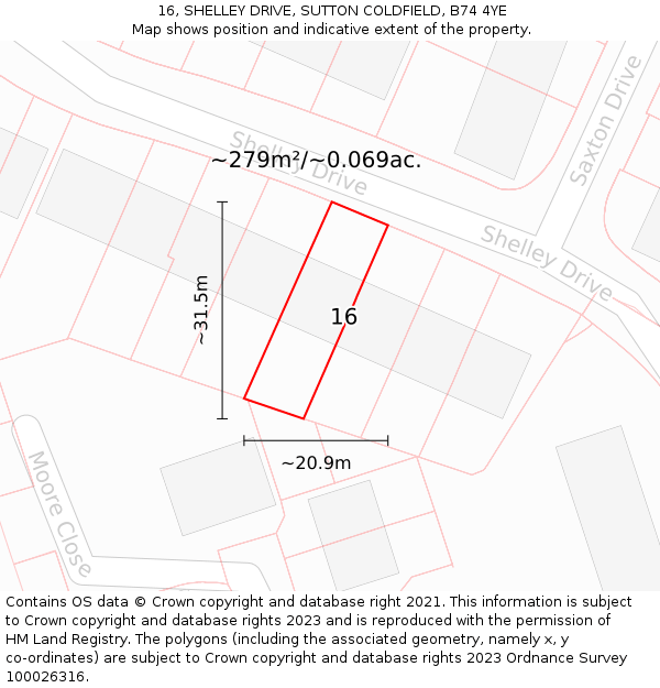 16, SHELLEY DRIVE, SUTTON COLDFIELD, B74 4YE: Plot and title map