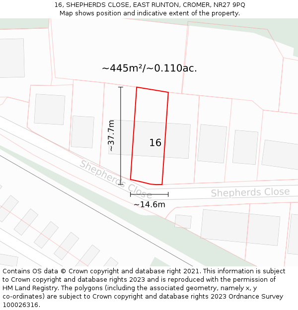 16, SHEPHERDS CLOSE, EAST RUNTON, CROMER, NR27 9PQ: Plot and title map