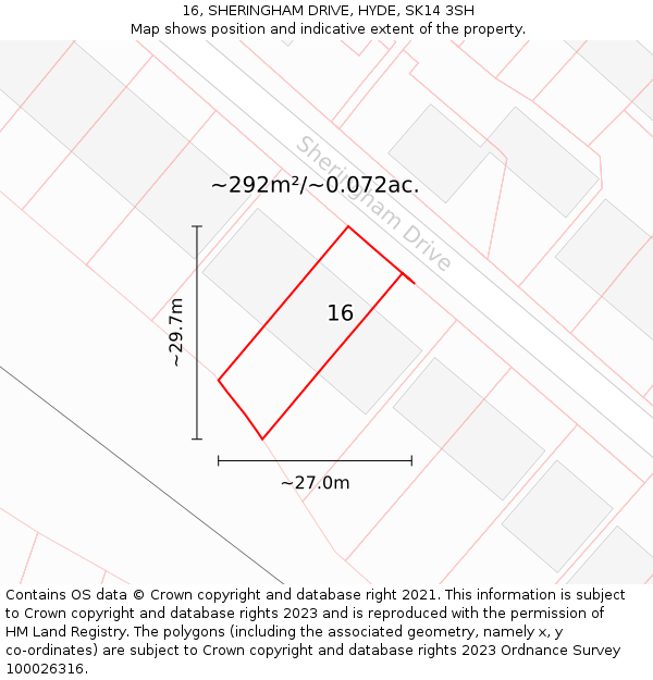 16, SHERINGHAM DRIVE, HYDE, SK14 3SH: Plot and title map