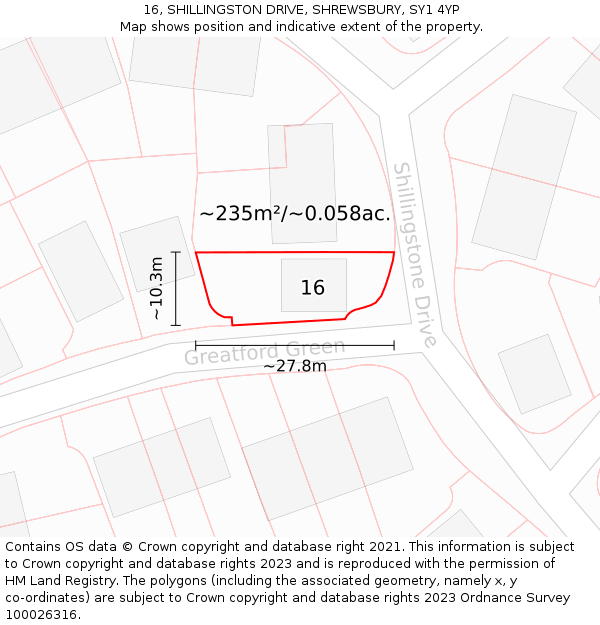 16, SHILLINGSTON DRIVE, SHREWSBURY, SY1 4YP: Plot and title map