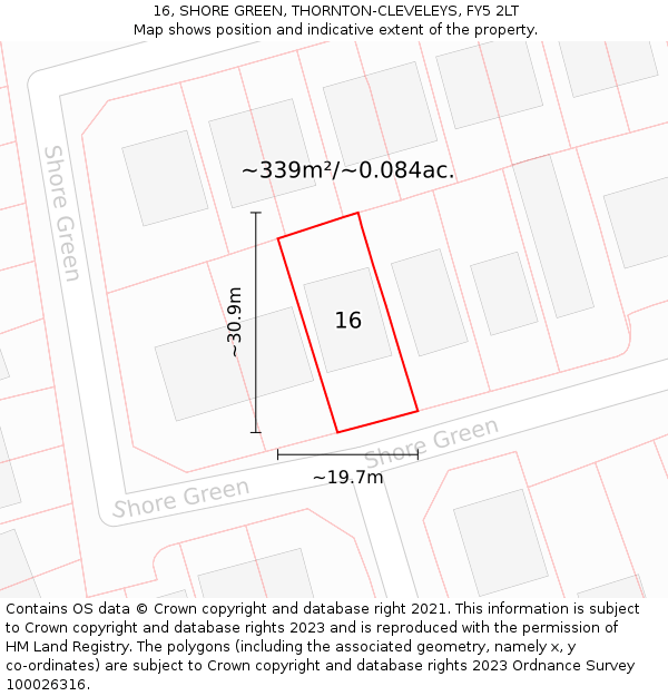 16, SHORE GREEN, THORNTON-CLEVELEYS, FY5 2LT: Plot and title map