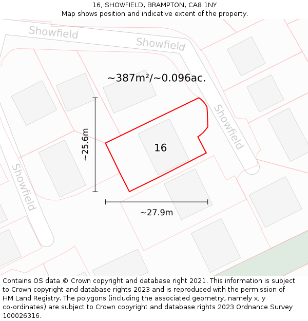 16, SHOWFIELD, BRAMPTON, CA8 1NY: Plot and title map