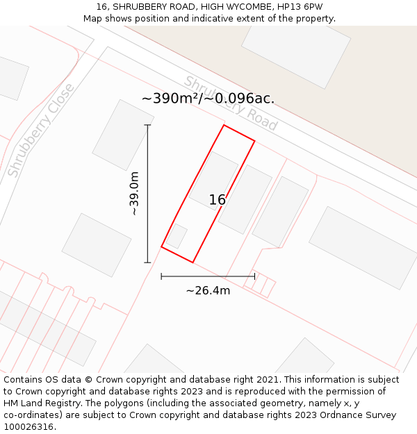 16, SHRUBBERY ROAD, HIGH WYCOMBE, HP13 6PW: Plot and title map