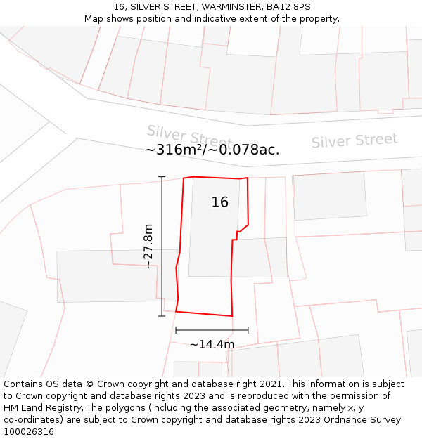 16, SILVER STREET, WARMINSTER, BA12 8PS: Plot and title map