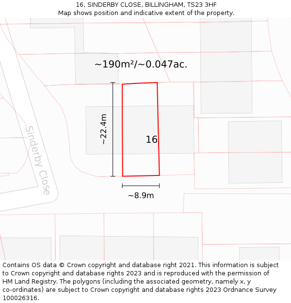 16, SINDERBY CLOSE, BILLINGHAM, TS23 3HF: Plot and title map