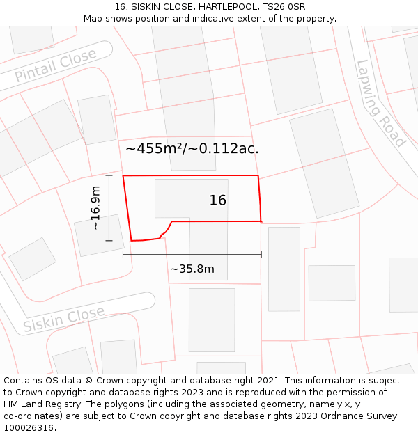 16, SISKIN CLOSE, HARTLEPOOL, TS26 0SR: Plot and title map