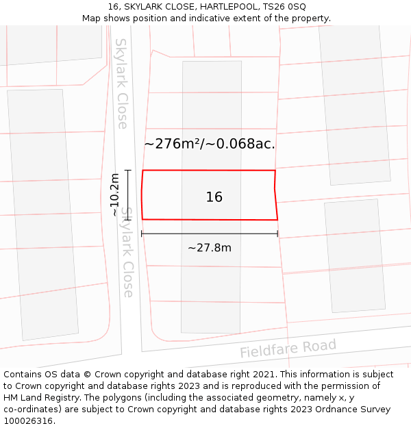 16, SKYLARK CLOSE, HARTLEPOOL, TS26 0SQ: Plot and title map