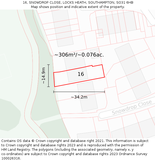 16, SNOWDROP CLOSE, LOCKS HEATH, SOUTHAMPTON, SO31 6HB: Plot and title map