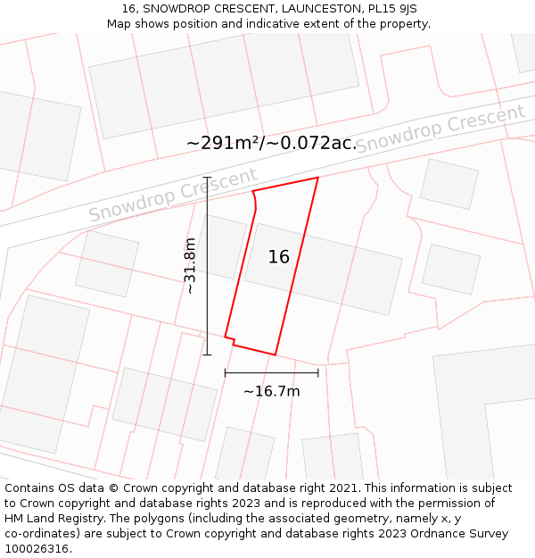 16, SNOWDROP CRESCENT, LAUNCESTON, PL15 9JS: Plot and title map