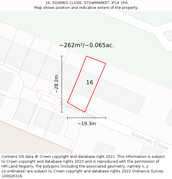 16, SOAMES CLOSE, STOWMARKET, IP14 1PA: Plot and title map