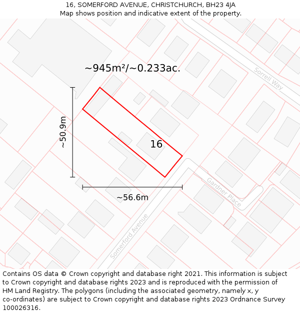 16, SOMERFORD AVENUE, CHRISTCHURCH, BH23 4JA: Plot and title map