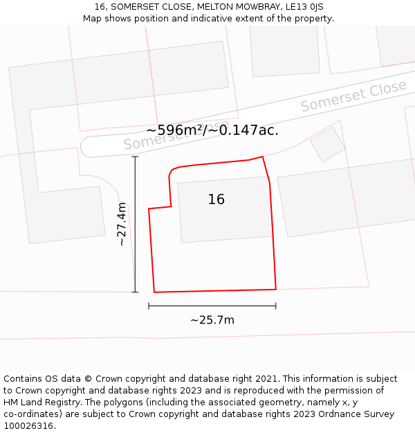 16, SOMERSET CLOSE, MELTON MOWBRAY, LE13 0JS: Plot and title map