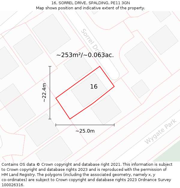 16, SORREL DRIVE, SPALDING, PE11 3GN: Plot and title map