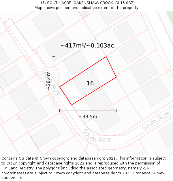 16, SOUTH ACRE, OAKENSHAW, CROOK, DL15 0SZ: Plot and title map