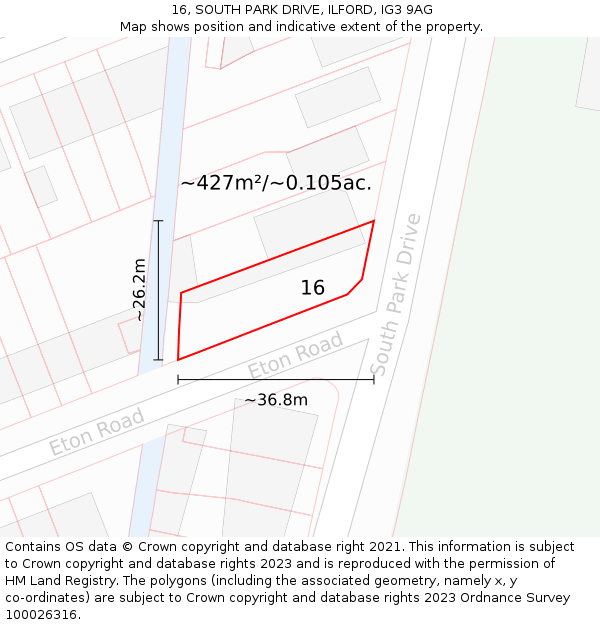 16, SOUTH PARK DRIVE, ILFORD, IG3 9AG: Plot and title map