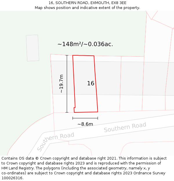 16, SOUTHERN ROAD, EXMOUTH, EX8 3EE: Plot and title map