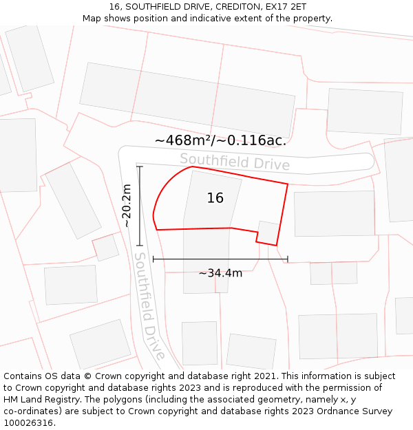 16, SOUTHFIELD DRIVE, CREDITON, EX17 2ET: Plot and title map