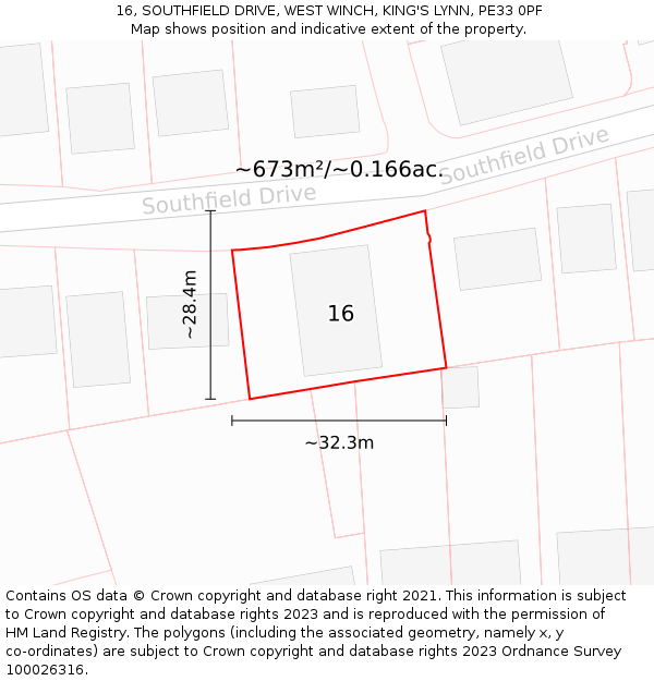 16, SOUTHFIELD DRIVE, WEST WINCH, KING'S LYNN, PE33 0PF: Plot and title map