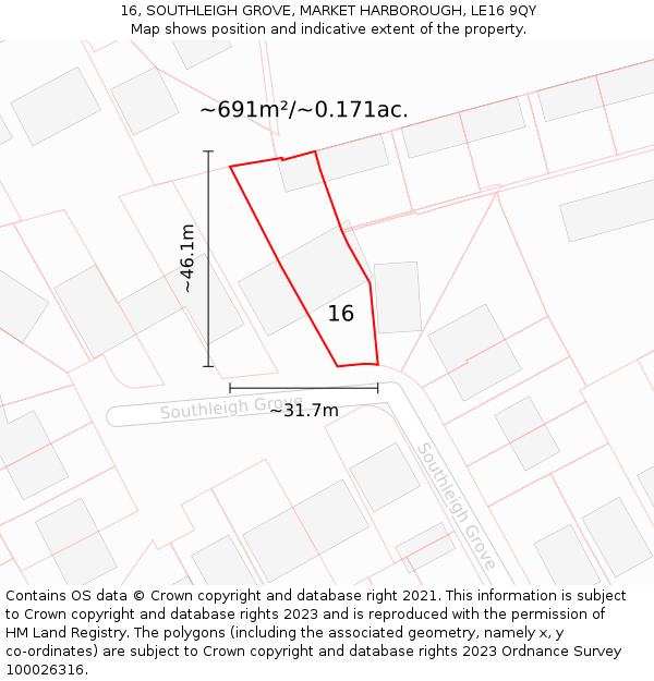 16, SOUTHLEIGH GROVE, MARKET HARBOROUGH, LE16 9QY: Plot and title map