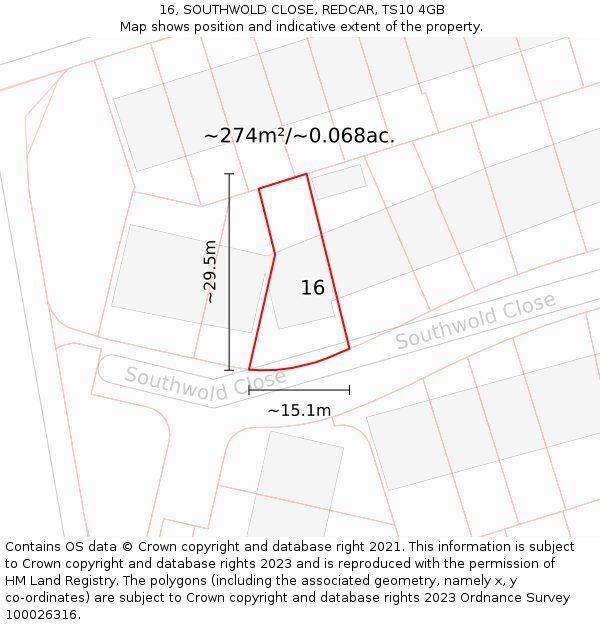 16, SOUTHWOLD CLOSE, REDCAR, TS10 4GB: Plot and title map