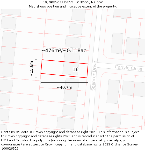 16, SPENCER DRIVE, LONDON, N2 0QX: Plot and title map