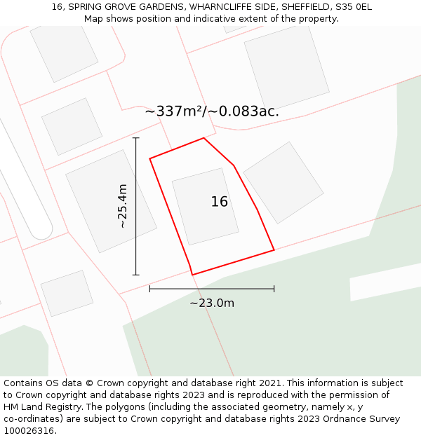 16, SPRING GROVE GARDENS, WHARNCLIFFE SIDE, SHEFFIELD, S35 0EL: Plot and title map