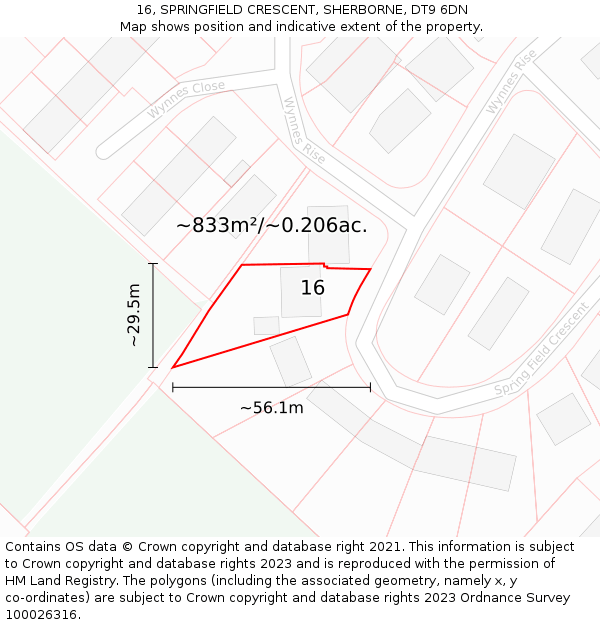 16, SPRINGFIELD CRESCENT, SHERBORNE, DT9 6DN: Plot and title map