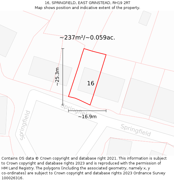 16, SPRINGFIELD, EAST GRINSTEAD, RH19 2RT: Plot and title map