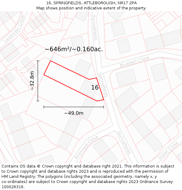 16, SPRINGFIELDS, ATTLEBOROUGH, NR17 2PA: Plot and title map