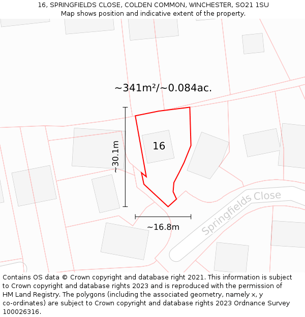 16, SPRINGFIELDS CLOSE, COLDEN COMMON, WINCHESTER, SO21 1SU: Plot and title map