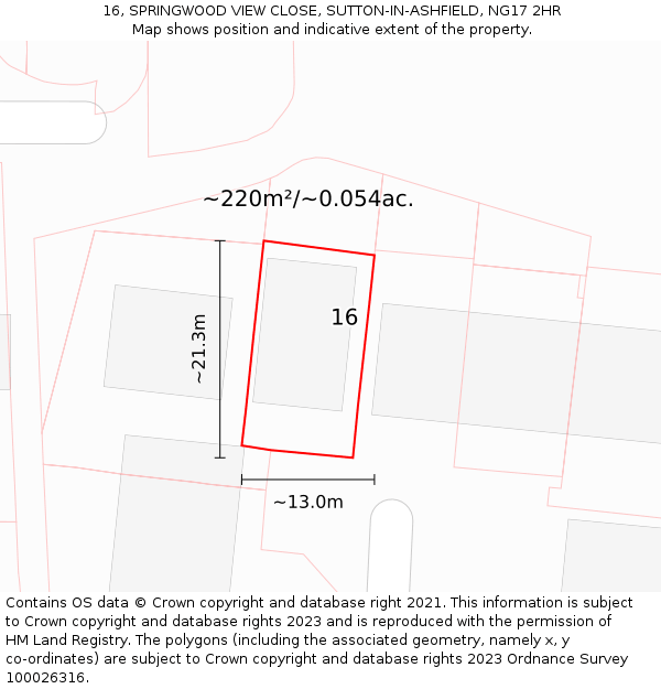 16, SPRINGWOOD VIEW CLOSE, SUTTON-IN-ASHFIELD, NG17 2HR: Plot and title map