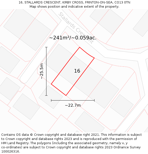 16, STALLARDS CRESCENT, KIRBY CROSS, FRINTON-ON-SEA, CO13 0TN: Plot and title map