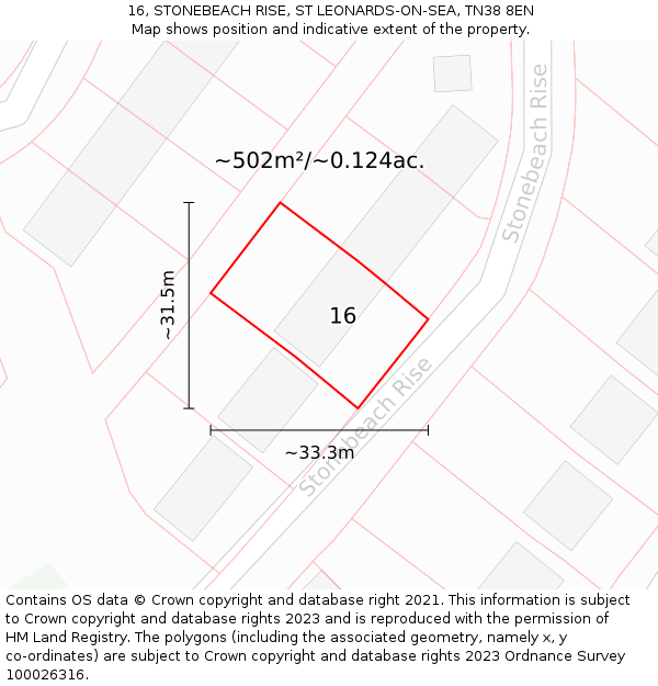 16, STONEBEACH RISE, ST LEONARDS-ON-SEA, TN38 8EN: Plot and title map