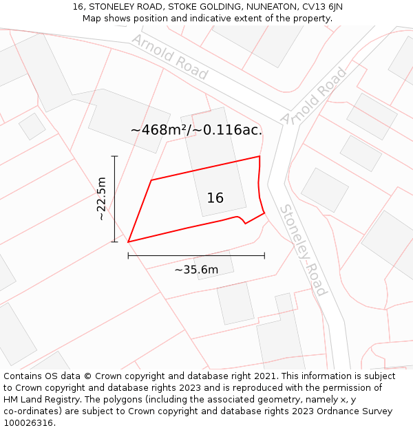 16, STONELEY ROAD, STOKE GOLDING, NUNEATON, CV13 6JN: Plot and title map