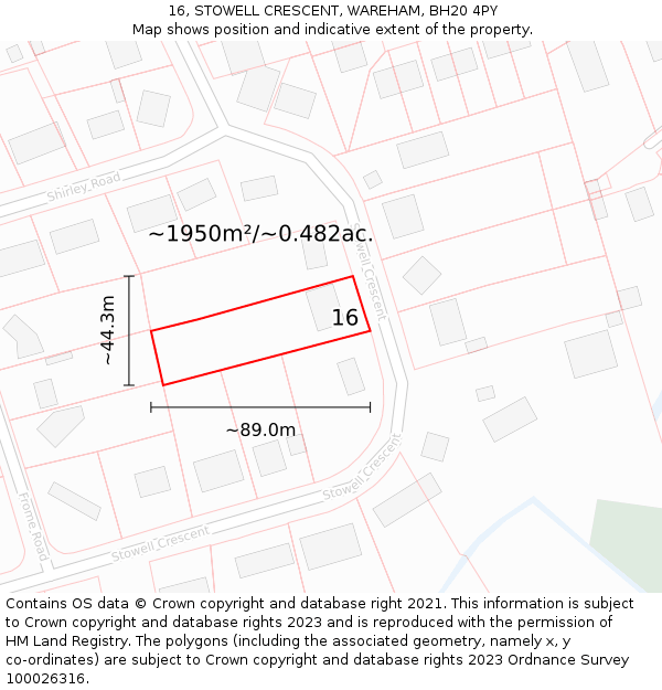 16, STOWELL CRESCENT, WAREHAM, BH20 4PY: Plot and title map