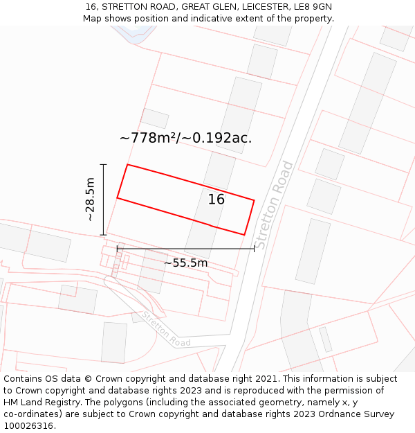 16, STRETTON ROAD, GREAT GLEN, LEICESTER, LE8 9GN: Plot and title map