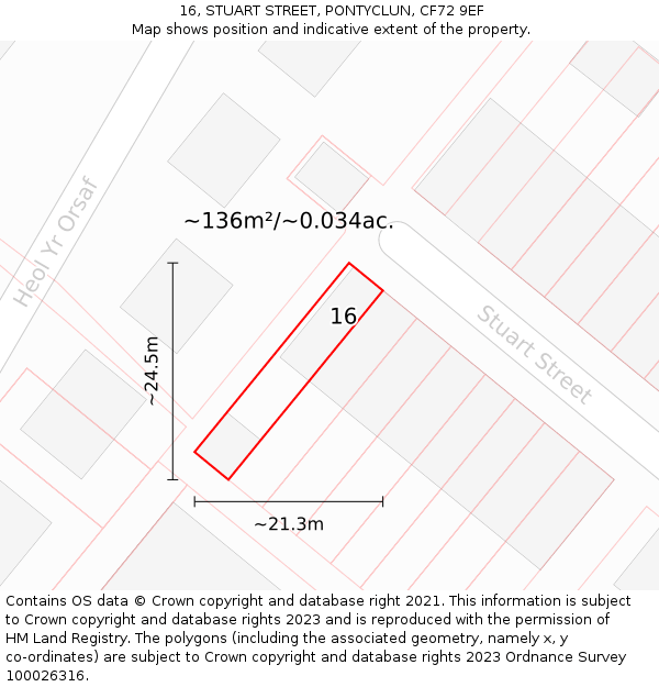 16, STUART STREET, PONTYCLUN, CF72 9EF: Plot and title map