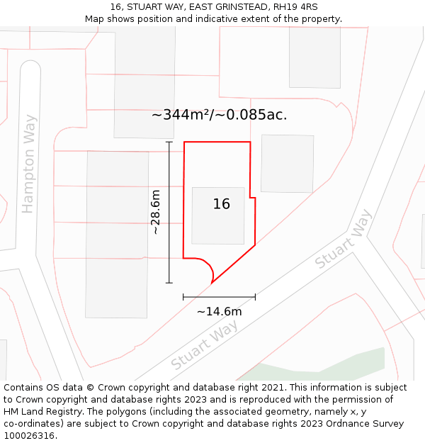 16, STUART WAY, EAST GRINSTEAD, RH19 4RS: Plot and title map